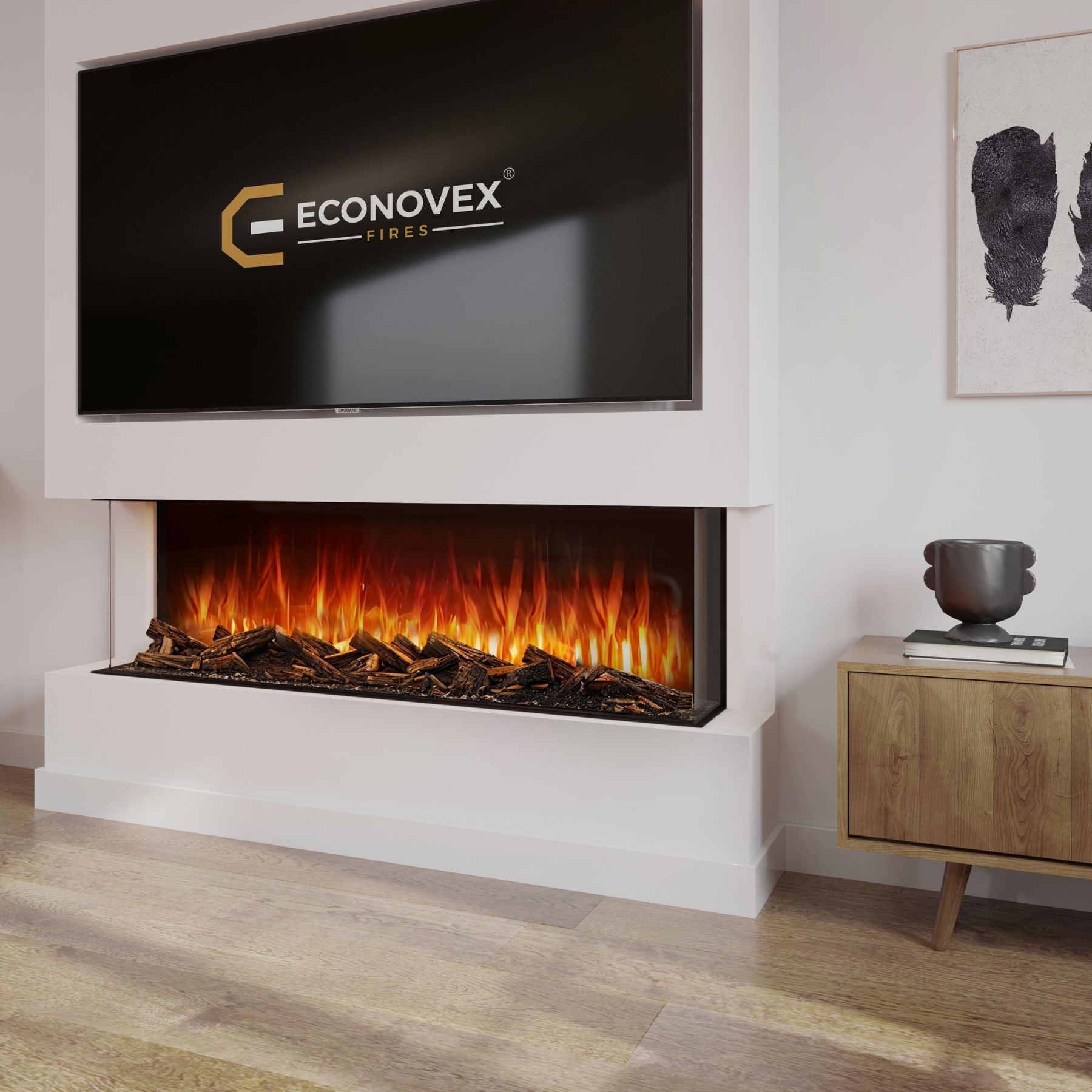 Econovex E1270 50 Inch 3 Sided Panoramic Electric Fire media wall with tv mounted above