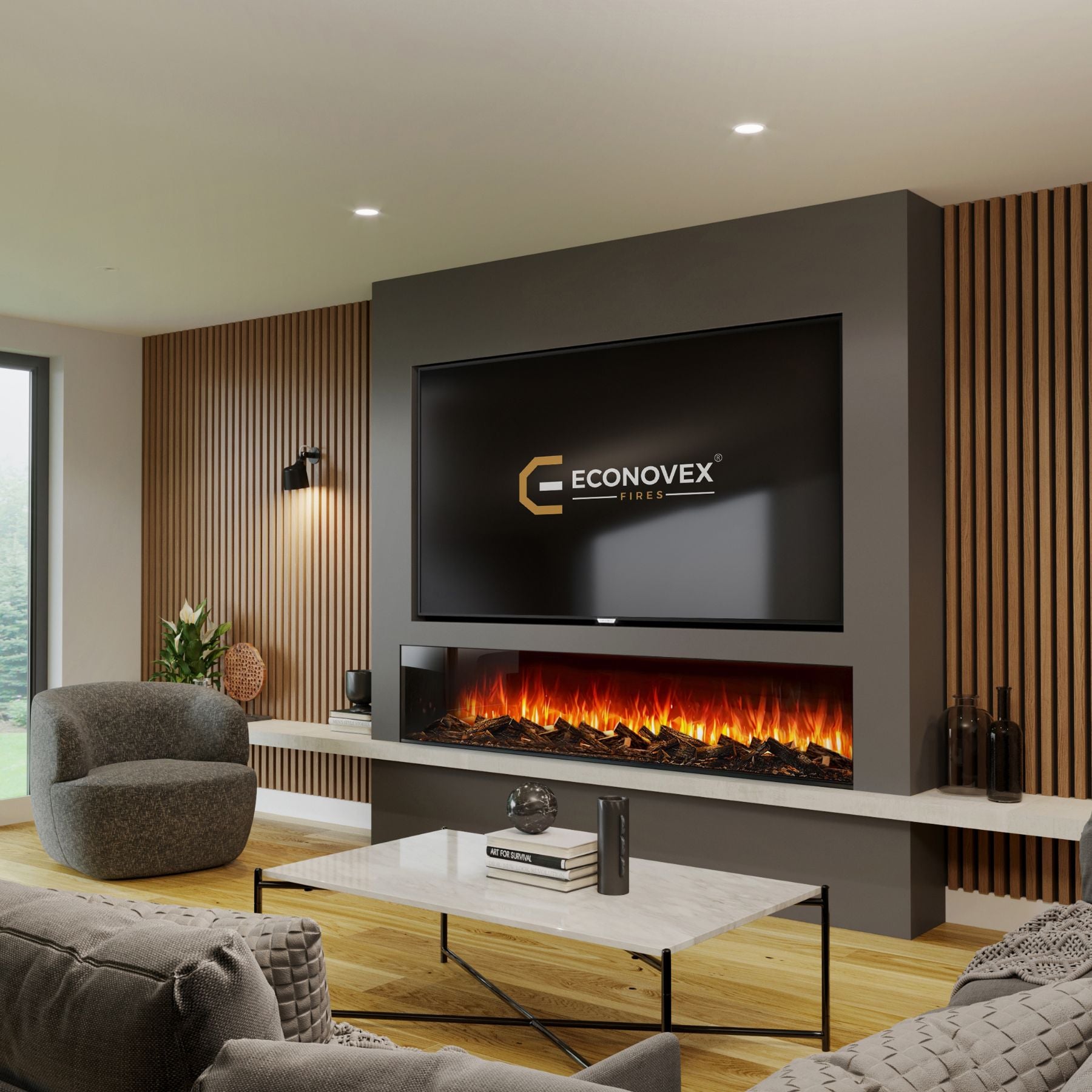 Econovex E1800 72 Inch 3 Sided Panoramic Electric Fire front view showing built in installation