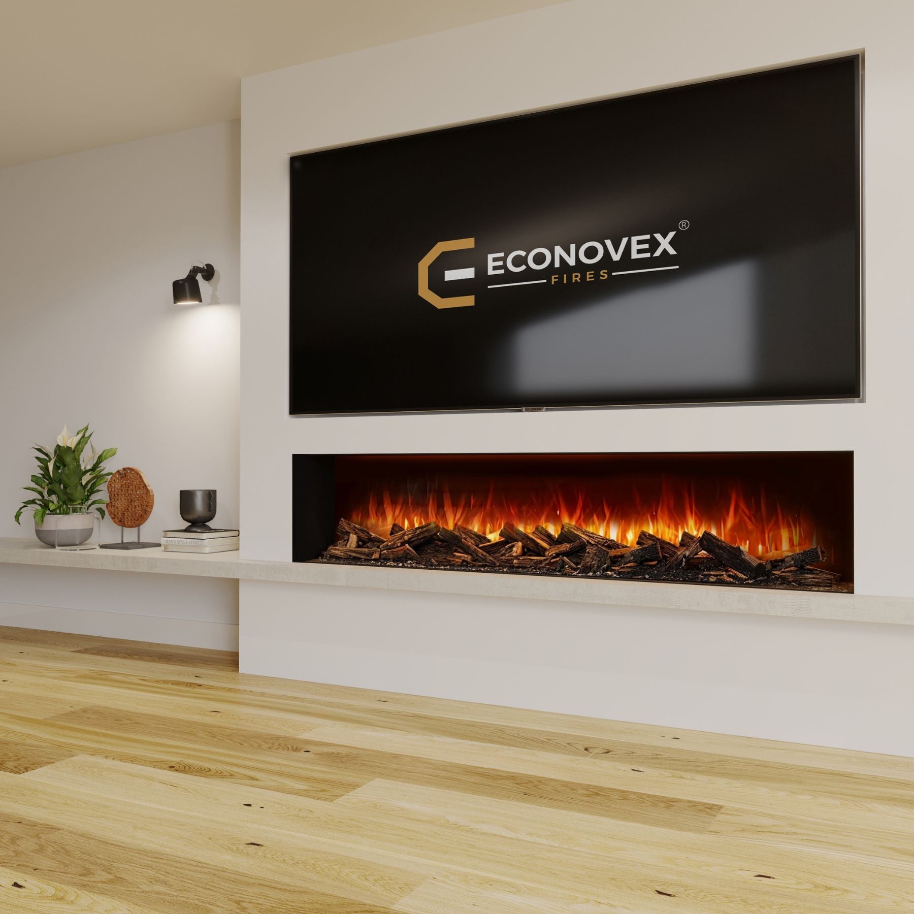 Econovex E2000 80 Inch 3 Sided Panoramic Electric Fire with realistic flames, showing built-in configuration