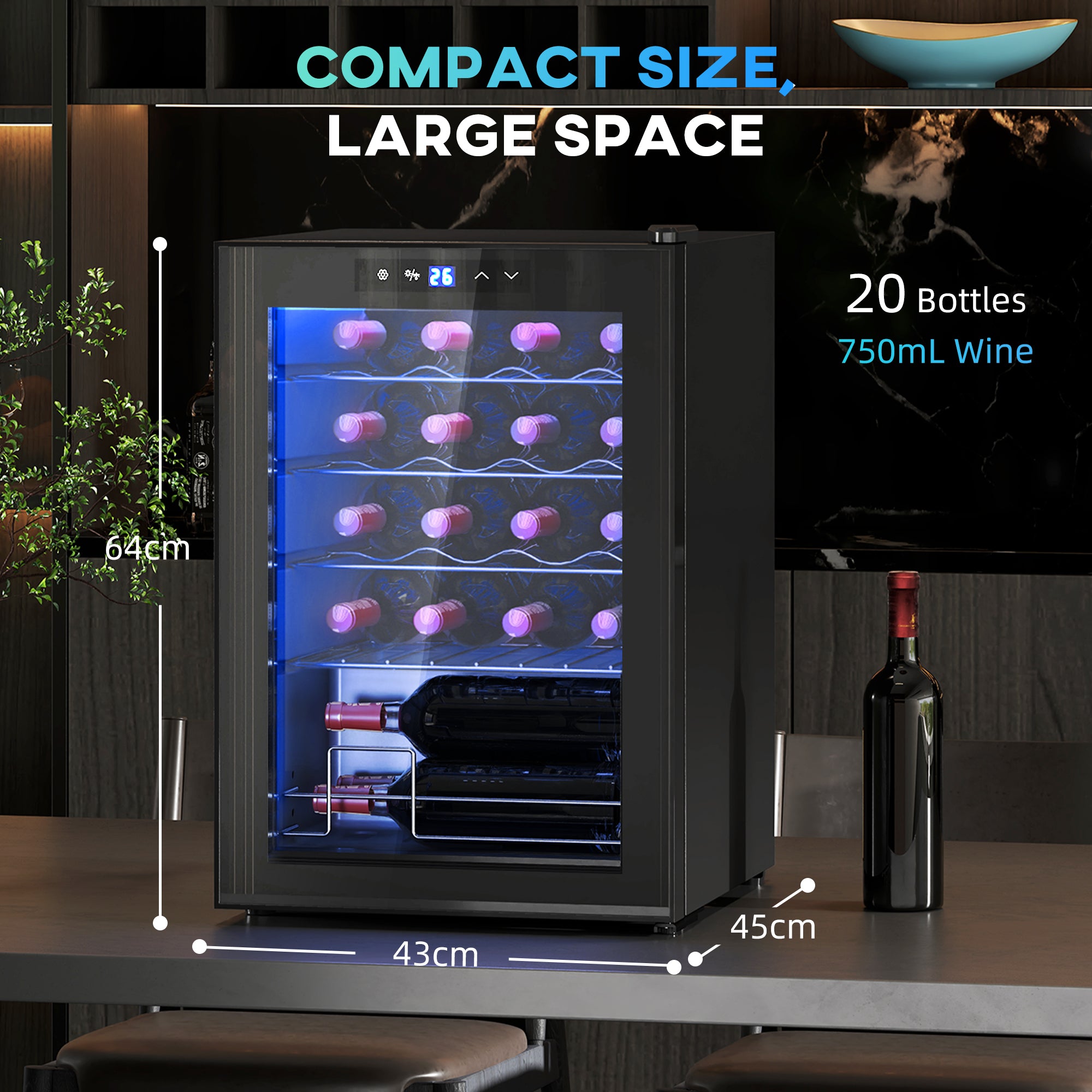 Under counter or freestanding Wine Fridge Glass Door Holds Up to 20 Bottles