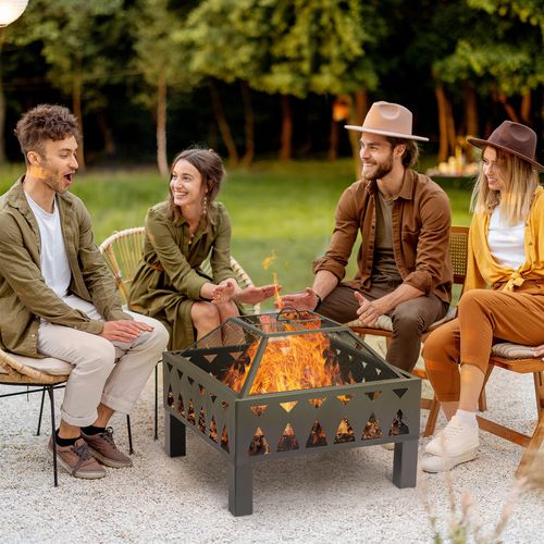 Portable Outdoor Wood Burning Black Metal Square Fire Pit