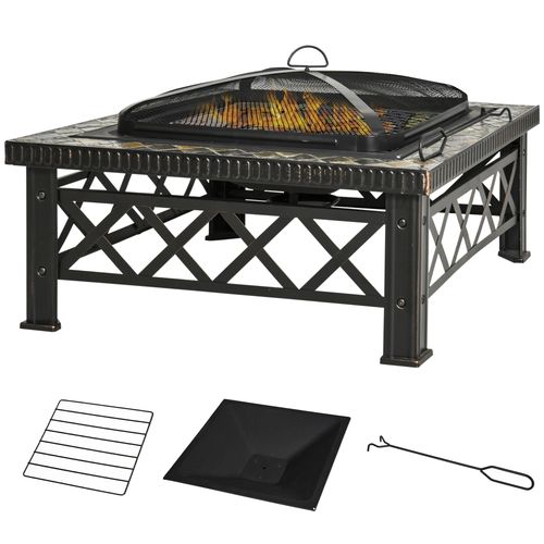 Portable Black Metal Square Fire Pit & BBQ  Grill Table