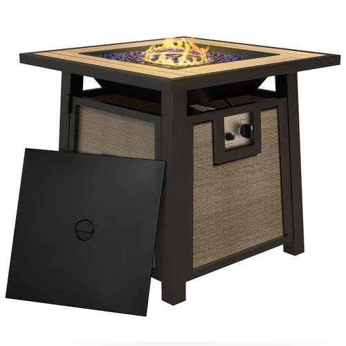 Wood Effect Modern Square Gas Fire Pit Table with Cover