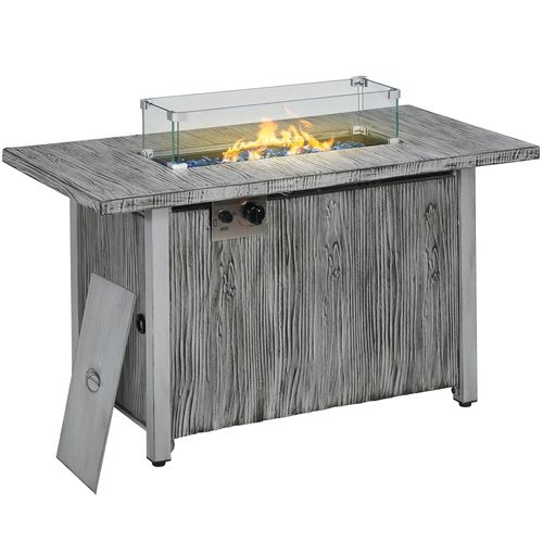 Rectangular Grey Wood Grain Effect Gas Fire Pit Table with Cover